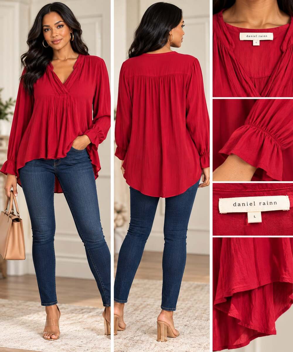 Daniel Rainn Blouse Size L Red Long Sleeve Ruffle Cuffs High Low Hem